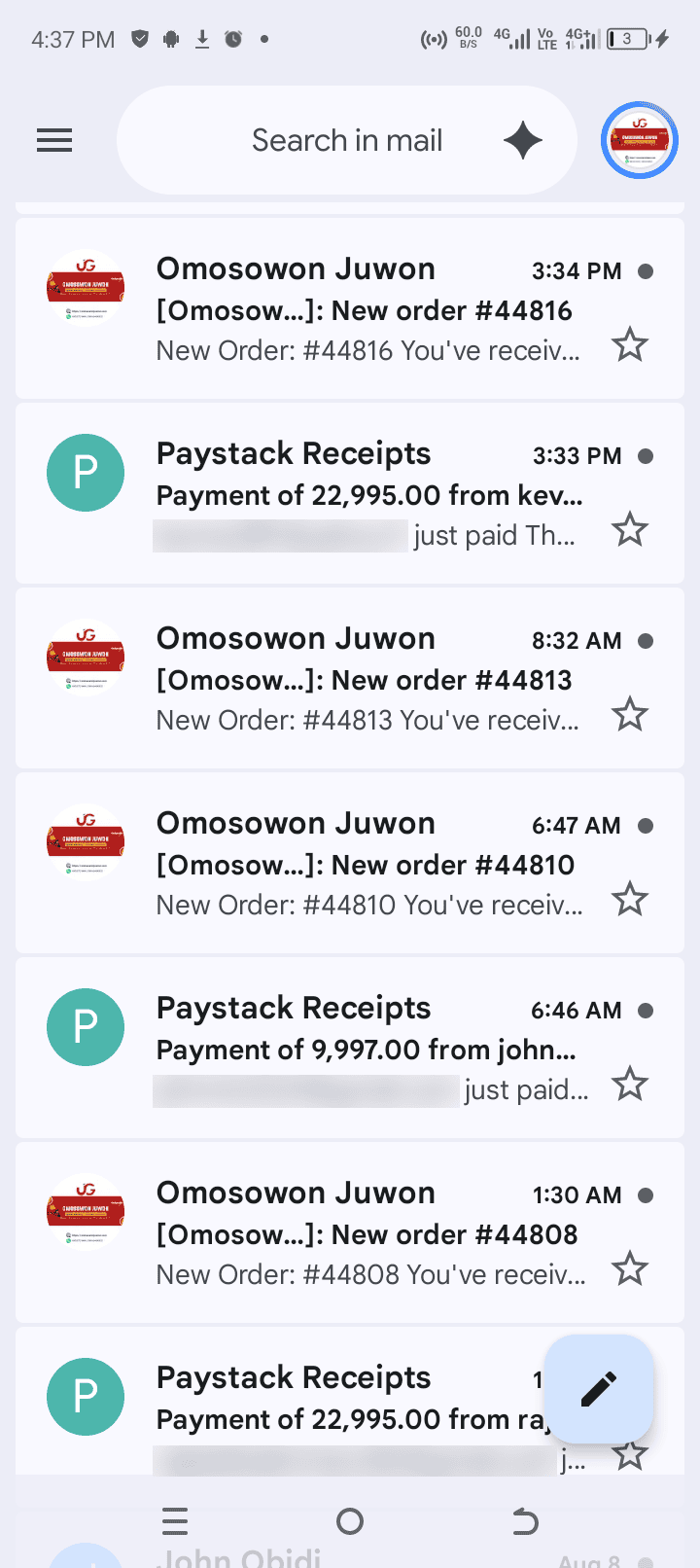 Payment notification from a recent customer order