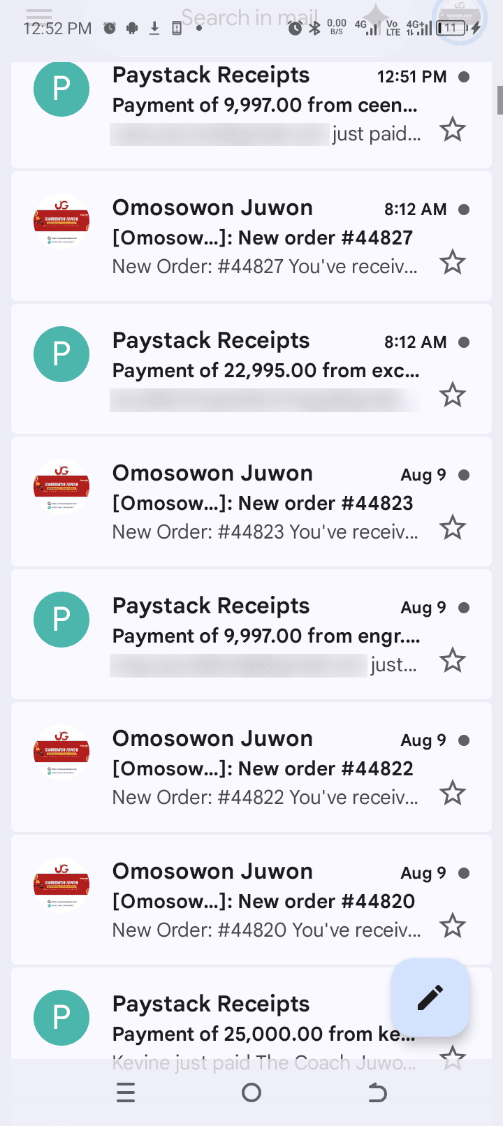 Payment notification from a recent customer order