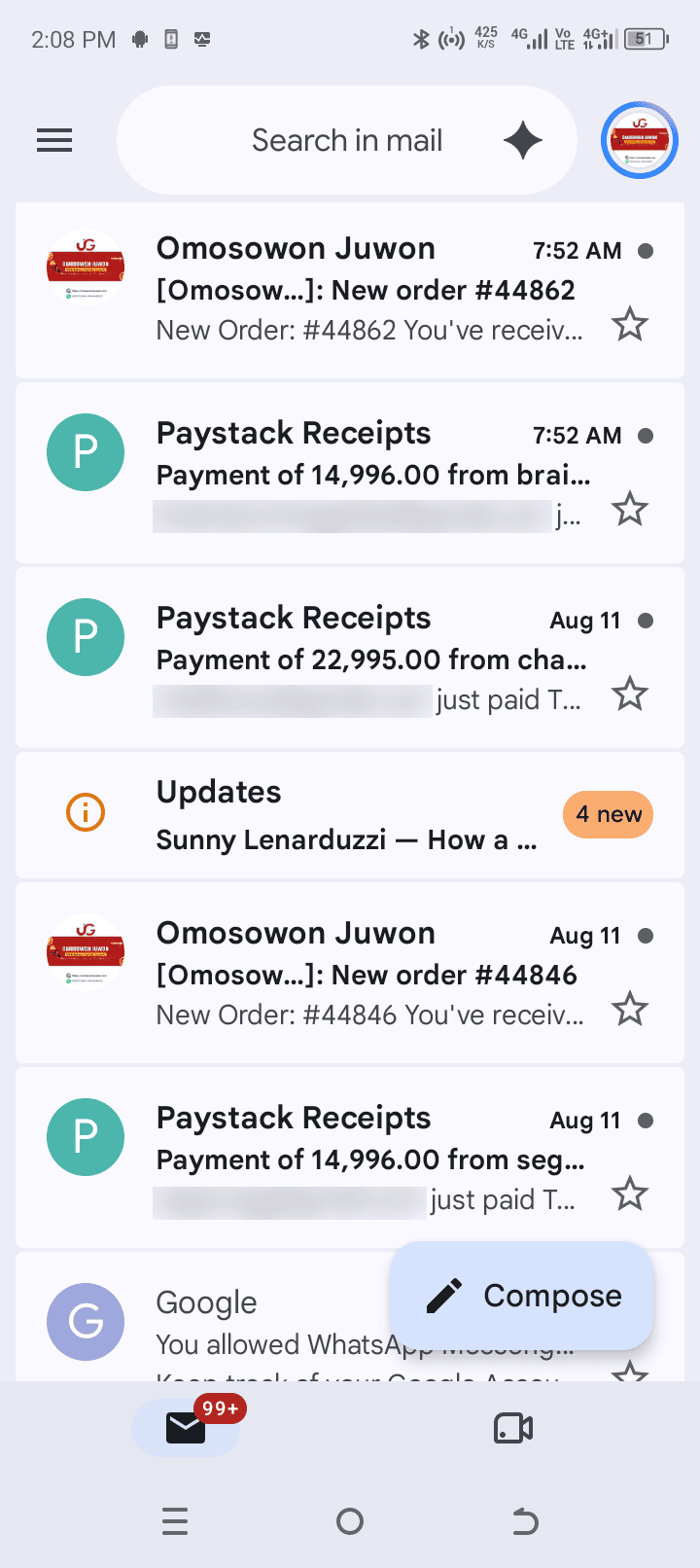 Payment notification from a recent customer order