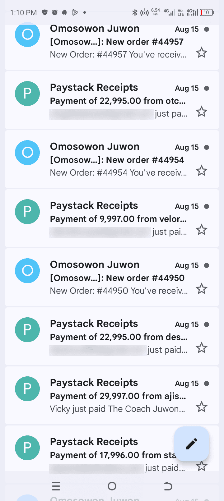 Payment notification from a recent customer order