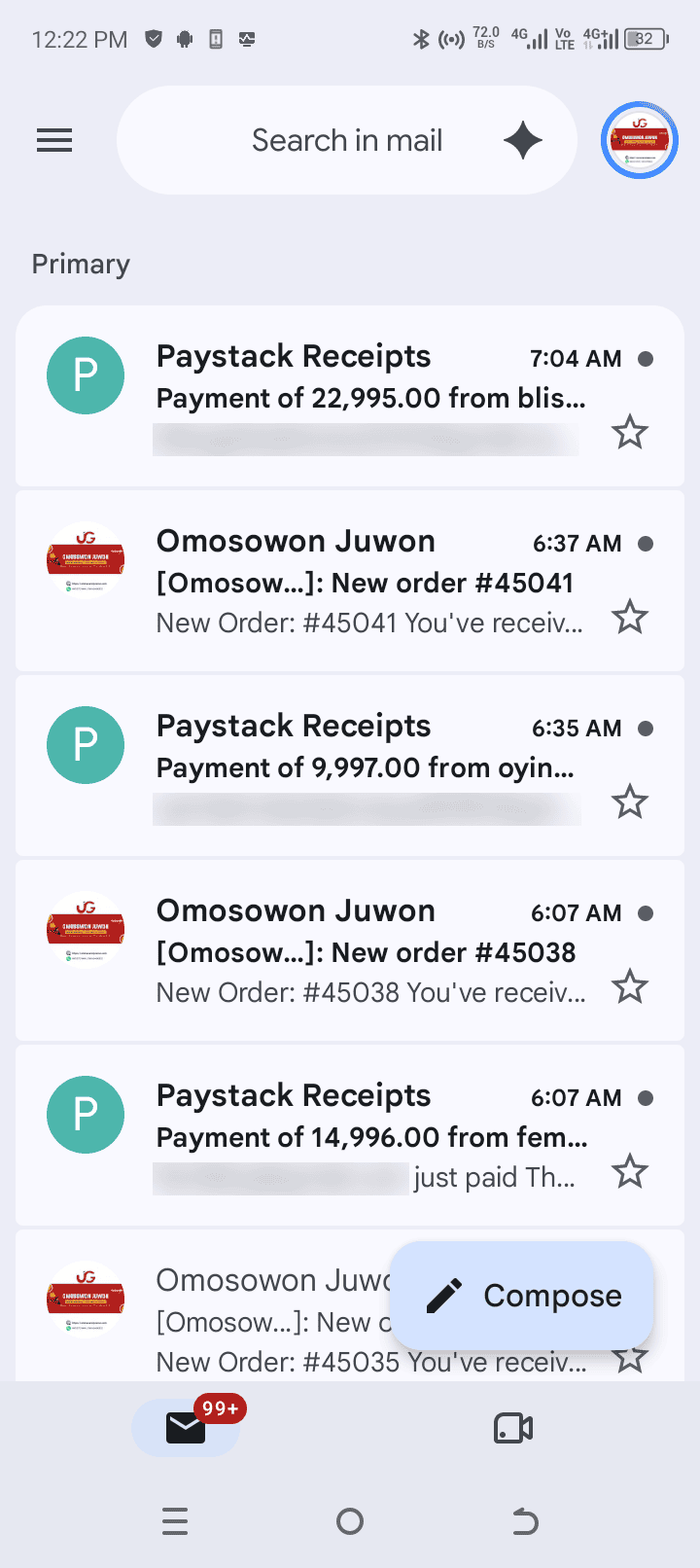 Payment notification from a recent customer order