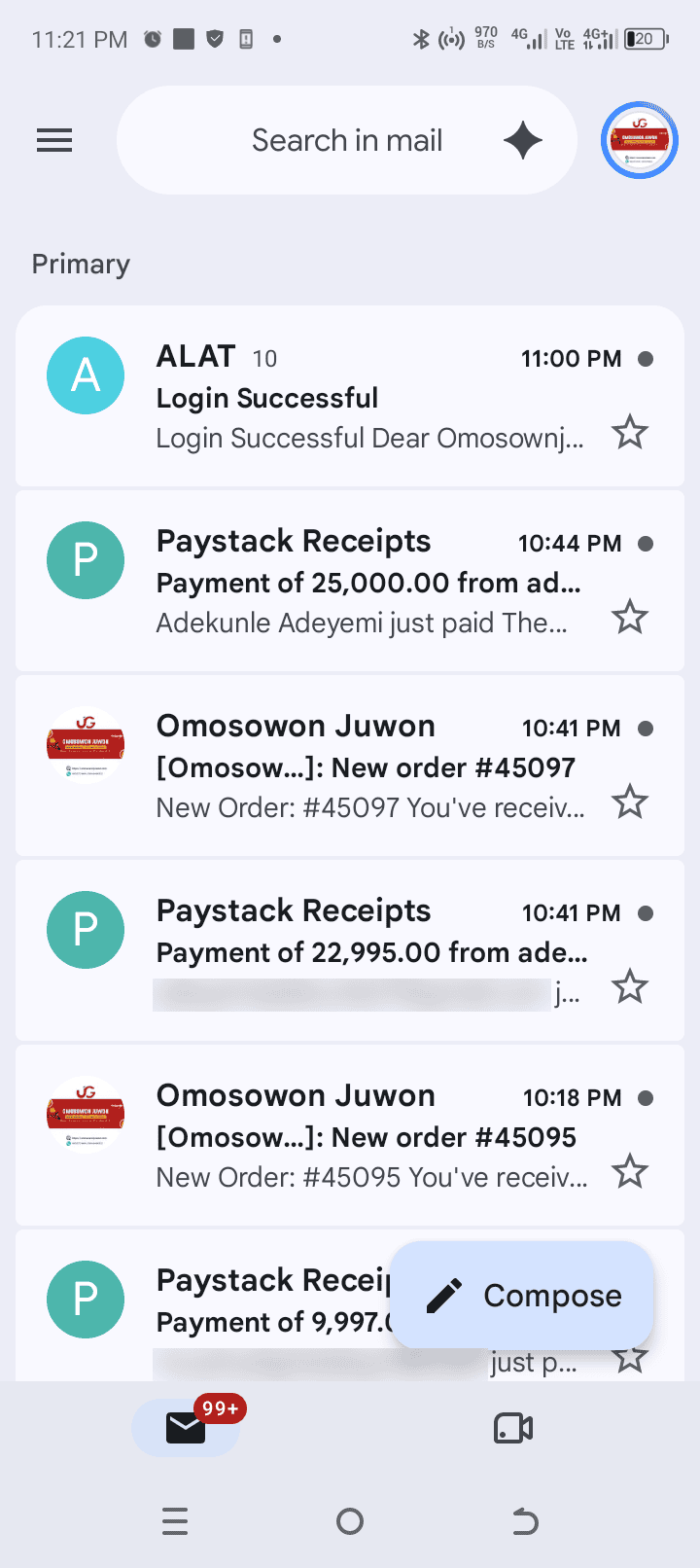 Payment notification from a recent customer order